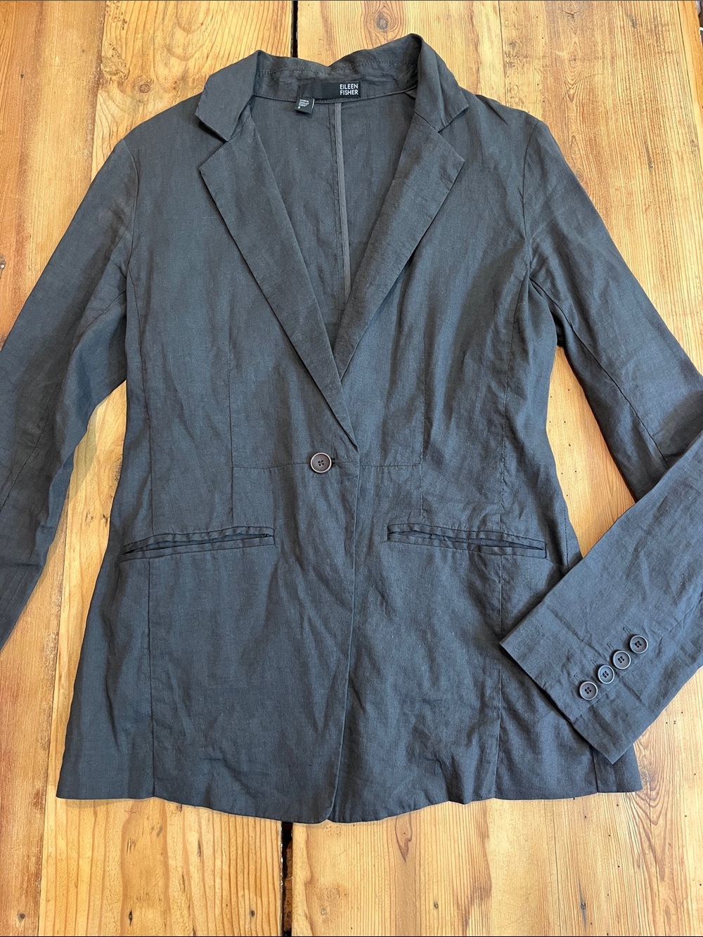 EILEEN FISHER 2 Charcoal Gunmetal Linen Blend Blazer Jacket Single Button